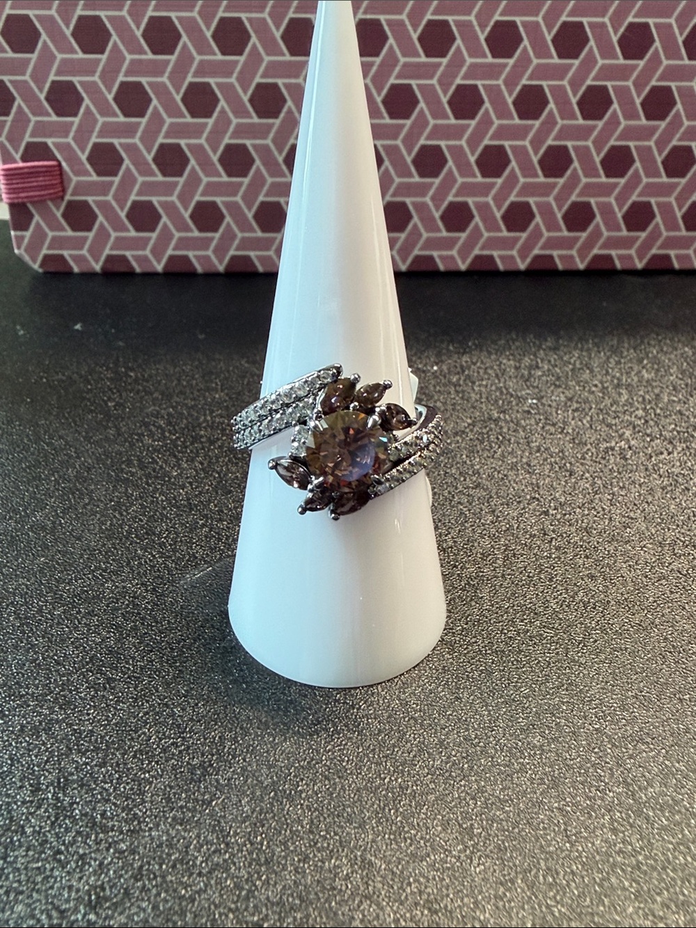 Hematite Plating, Brown Marquise Cluster Ring with Clear Accent Stones